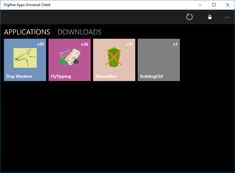 Picture showing the APPLICATIONS screen in the Universal Windows version of the standard Digitise Apps Client displaying App tiles for Apps which have been downloaded to the device.